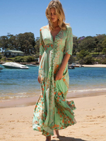 Maxikleid 3/4 Ärmel Sommerkleider lang Grün Damenmode V-Ausschnitt mit Printmuster für Sommer maxi kleid und Alltag Chiffon Kleider