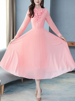 Maxikleid 3/4 Ärmel Sommerkleider lang Rosa Damenmode mit Stehkragen für Sommer und Frühling Büro & Karriere maxi kleid Chiffon Kleider
