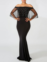 Maxikleid 3/4 Ärmel Sommerkleider lang Schwarz Damenmode mit Bateau-Kragen trägerlos für Sommer maxi kleid und Abend Polyester Kleider