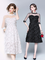 Maxikleid 3/4 Ärmel Sommerkleider lang Schwarz Damenmode mit Rundkragen für Sommer und Frühling und Festumzug Maxikleider maxi kleid Tüll