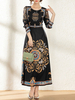 Maxikleid 3/4 Ärmel Sommerkleider lang Schwarz Damenmode mit Rundkragen und Print für Herbst und Winter maxi kleid Büro & Karriere Polyester