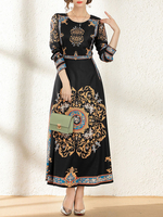 Maxikleid 3/4 Ärmel Sommerkleider lang Schwarz Damenmode mit Rundkragen und Print für Herbst und Winter maxi kleid Büro & Karriere Polyester