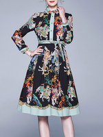 Maxikleid 3/4 Ärmel Sommerkleider lang Schwarz Damenmode mit Stehkragen und Print für Herbst und Winter maxi kleid Büro & Karriere Polyester