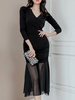 Maxikleid 3/4 Ärmel Sommerkleider lang Schwarz Damenmode V-Ausschnitt und Herbst und Winter Büro & Karriere maxi kleid Polyester Kleider