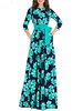 Maxikleid 3/4 Ärmel Sommerkleider lang Wasserblau mit Rundkragen und Printmuster für Sommer und Frühling maxi kleid und Straßen-Style Polyester