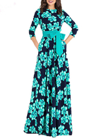 Maxikleid 3/4 Ärmel Sommerkleider lang Wasserblau mit Rundkragen und Printmuster für Sommer und Frühling maxi kleid und Straßen-Style Polyester