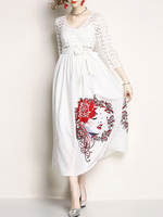 Maxikleid 3/4 Ärmel Sommerkleider lang Weiß Damenmode V-Ausschnitt mit Print für Herbst maxi kleid Dating Polyester Kleider