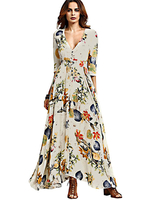 Maxikleid Aprikose Sommerkleider lang mit Printmuster 3/4 Ärmel Damenmode maxi kleid V-Ausschnitt Polyester für Sommer Kleider