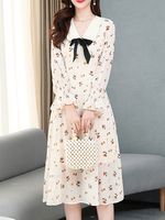 Maxikleid Aprikose Sommerkleider lang mit Printmuster Langarm Damenmode maxi kleid und Bubikragen Chiffon und Schleife für Frühling Kleider