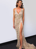 Maxikleid Aprikose Sommerkleider lang ärmellos V-Ausschnitt Damenmode maxi kleid mit Pailletten bestickt und Split und Pailletten für Sommer