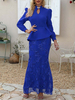 Maxikleid Blau Sommerkleider lang Langarm mit Stehkragen Damenmode maxi kleid Polyester in unregelmäßiger Form mit Pailletten für Herbst Kleider