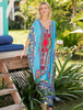 Maxikleid Blau Sommerkleider lang mit Print 1/2 Ärmel Damenmode maxi kleid V-Ausschnitt Polyester überdimensional und Schlitz an der Front