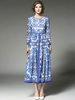 Maxikleid Blau Sommerkleider lang mit Print Langarm Damenmode maxi kleid und Rundkragen Chiffon und Falten für Herbst Kleider