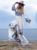 Maxikleid Blau Sommerkleider lang mit Print Langarm Damenmode V-Ausschnitt Baumwolle und gekreuztem Design und Schlitz an der Front für Herbst