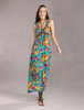 Maxikleid Blau Sommerkleider lang mit Print ärmellos Damenmode maxi kleid und Trägern Polyester und Falten und Falten für Sommer Kleider