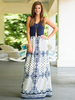Maxikleid Blau Sommerkleider lang mit Print ärmellos Damenmode und Rundkragen gemischten Baumwollen und verstellbarem Design und Falten für Sommer