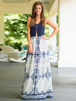Maxikleid Blau Sommerkleider lang mit Print ärmellos Damenmode und Rundkragen gemischten Baumwollen und verstellbarem Design und Falten für Sommer