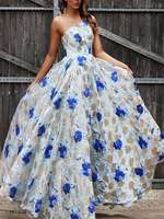 Maxikleid Blau Sommerkleider lang mit Printmuster ärmellos Damenmode maxi kleid und Bateau-Kragen Chiffon und Spitzen für Sommer Kleider