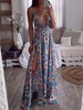 Maxikleid Blau Sommerkleider lang mit Printmuster ärmellos Damenmode V-Ausschnitt Polyester und rückenfreiem Design und Blumen-Deko für Sommer