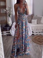 Maxikleid Blau Sommerkleider lang mit Printmuster ärmellos Damenmode V-Ausschnitt Polyester und rückenfreiem Design und Blumen-Deko für Sommer