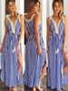 Maxikleid Blau Sommerkleider lang mit Streifen ärmellos Damenmode maxi kleid V-Ausschnitt Chiffon und Rüschen und Schnüren für Sommer Kleider