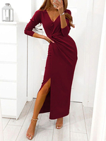 Maxikleid Burgund V-Ausschnitt; lange Ärmel; Polyester; plissiert; bodenlanges Kleid