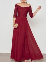 Maxikleid Burgunderrot Sommerkleider lang 3/4 Ärmel mit Carmenausschnitt Damenmode maxi kleid Chiffon und Spitzen für Herbst Kleider