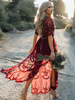 Maxikleid Burgunderrot Sommerkleider lang mit Printmuster Kurzarm Damenmode und spitzem Dekolleté Chiffon Alltagskleidung und Kette für Herbst