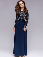 Maxikleid Dunkelblau Sommerkleider lang Langarm mit Rundkragen Damenmode maxi kleid Chiffon und Spitzen für Herbst Kleider