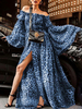 Maxikleid Dunkelblau Sommerkleider lang mit Leopard-Korn Optik Langarm Damenmode und Carmenausschnitt Polyester und Schlitz an der Front für Sommer