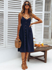 Maxikleid Dunkelblau Sommerkleider lang ärmellos mit Trägern Damenmode maxi kleid gemischten Baumwollen und Knöpfen für Sommer Kleider