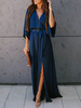Maxikleid Dunkelmarineblau Sommerkleider lang 3/4 Ärmel V-Ausschnitt Damenmode maxi kleid Polyester geknotet und Schlitz an der Front für Herbst