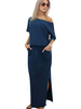 Maxikleid Dunkelmarineblau Sommerkleider lang Kurzarm mit Rundkragen Damenmode gemischten Baumwollen Alltagskleidung und Schlitz an der Front