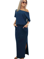 Maxikleid Dunkelmarineblau Sommerkleider lang Kurzarm mit Rundkragen Damenmode gemischten Baumwollen Alltagskleidung und Schlitz an der Front