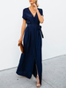 Maxikleid Dunkelmarineblau Sommerkleider lang Kurzarm V-Ausschnitt Damenmode maxi kleid gemischten Baumwollen mit Schlitz an der Front für Sommer
