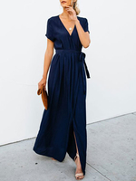 Maxikleid Dunkelmarineblau Sommerkleider lang Kurzarm V-Ausschnitt Damenmode maxi kleid gemischten Baumwollen mit Schlitz an der Front für Sommer
