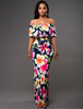 Maxikleid Dunkelmarineblau Sommerkleider lang mit Printmuster Kurzarm Damenmode und Carmenausschnitt gemischten Baumwollen schmale Passform