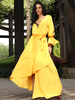 Maxikleid Gelb Sommerkleider lang Langarm mit spitzem Dekolleté Damenmode maxi kleid Polyester und Split Cutouts für Sommer Kleider