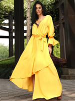 Maxikleid Gelb Sommerkleider lang Langarm mit spitzem Dekolleté Damenmode maxi kleid Polyester und Split Cutouts für Sommer Kleider