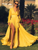 Maxikleid Gelb Sommerkleider lang Langarm V-Ausschnitt Damenmode maxi kleid Polyester mit Split und Falten für Sommer Kleider
