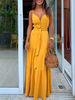 Maxikleid Gelb Sommerkleider lang ärmellos mit Trägern Damenmode maxi kleid Polyester und rückenfreiem Design und Knöpfen für Herbst Kleider
