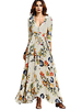 Maxikleid Gelbgrün Sommerkleider lang mit Print 1/2 Ärmel Damenmode maxi kleid V-Ausschnitt gemischten Baumwollen Alltagskleidung für Sommer Kleider