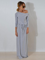 Maxikleid Grau Sommerkleider lang Langarm mit Rundkragen Damenmode maxi kleid gemischten Baumwollen Alltagskleidung und Durchziehband für Herbst