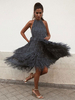 Maxikleid Grau Sommerkleider lang ärmellos mit Halter Damenmode maxi kleid Polyester in unregelmäßiger Form mit Fransen für Herbst Kleider