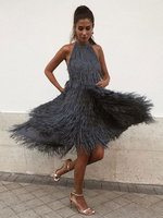 Maxikleid Grau Sommerkleider lang ärmellos mit Halter Damenmode maxi kleid Polyester in unregelmäßiger Form mit Fransen für Herbst Kleider