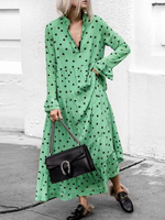 Maxikleid Grün Sommerkleider lang mit Polka-Tupfen Langarm Damenmode maxi kleid und Stehkragen Baumwolle überdimensional und Rüschen für Herbst