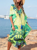 Maxikleid Grün Sommerkleider lang mit Print Kurzarm Damenmode maxi kleid V-Ausschnitt Polyester überdimensional und Trägern / Riemchen für Sommer