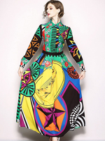 Maxikleid Grün Sommerkleider lang mit Print Langarm Damenmode maxi kleid und Bateau-Kragen Maxikleider Polyester für Herbst Kleider