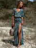 Maxikleid Grün Sommerkleider lang mit Printmuster 1/2 Ärmel Damenmode maxi kleid V-Ausschnitt Bohemian Kleider Polyester und Schlitz an der Front
