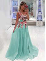Maxikleid Grün Sommerkleider lang mit Printmuster ärmellos Damenmode maxi kleid U-Ausschnitt Chiffon und Deko-Applikation für Sommer Kleider